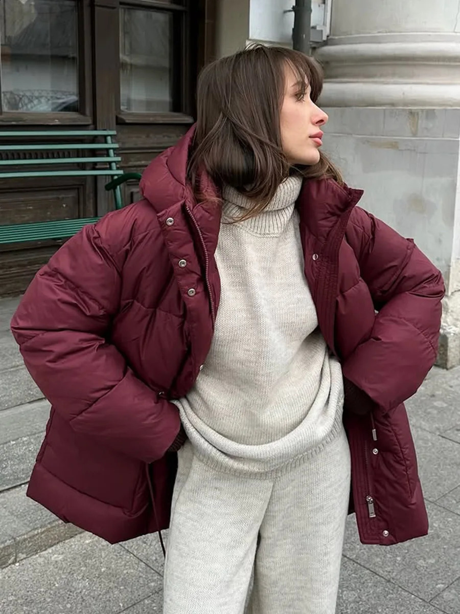 Bornladies Winter Women Wine Red Hooded Puffer Coat Drawstring Waist Zipper Warm Bread Jacket Outerwear 251021