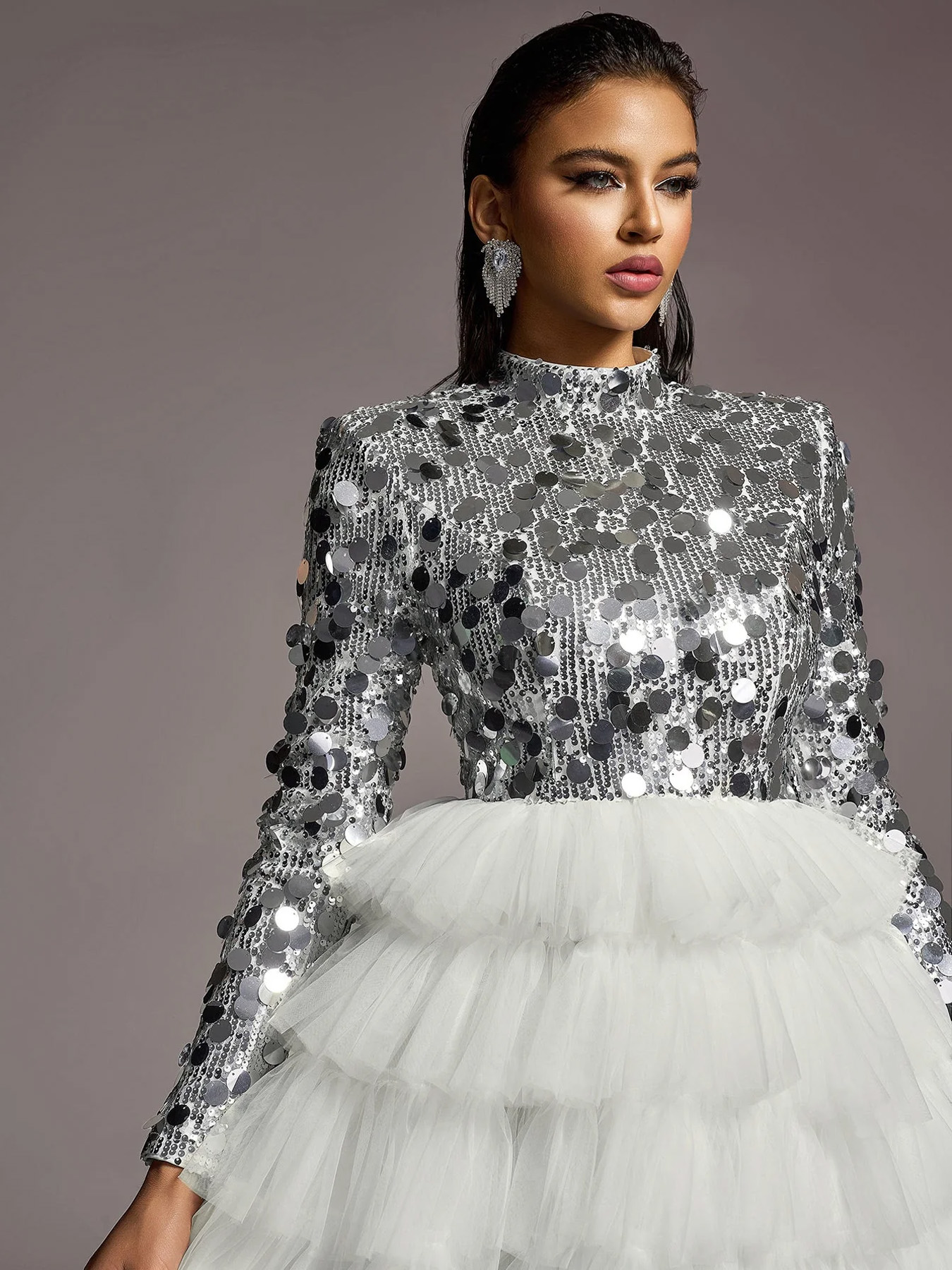 Women's Mememe Brand Sequin Evening Dress, Side Slit Tiered Tulle Cake Skirt Formal Gown (S-XL, Black/White)-D354