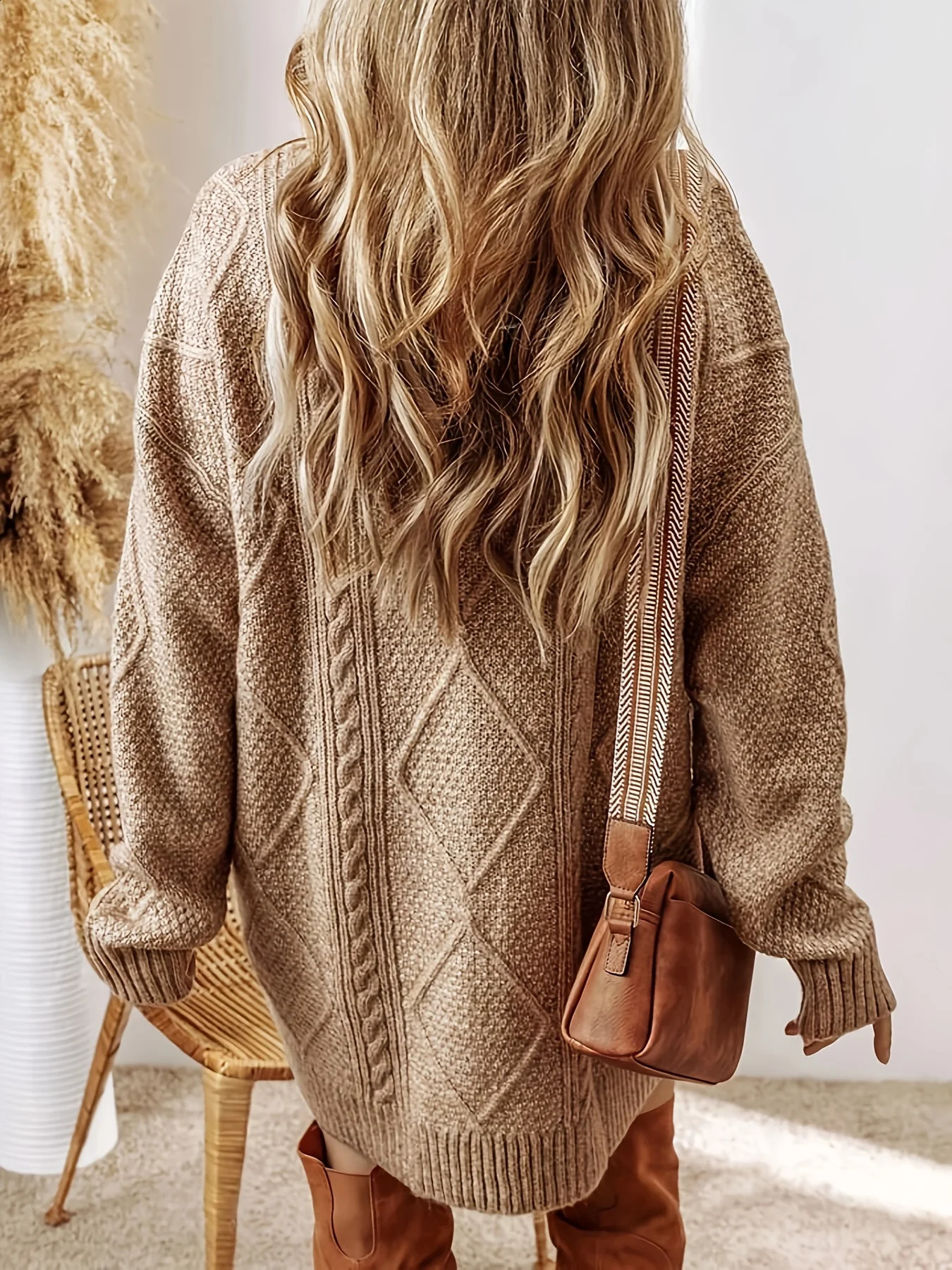 European and American autumn winter knitted casual loose round neck pullover cable knit sweater dress for women 251022