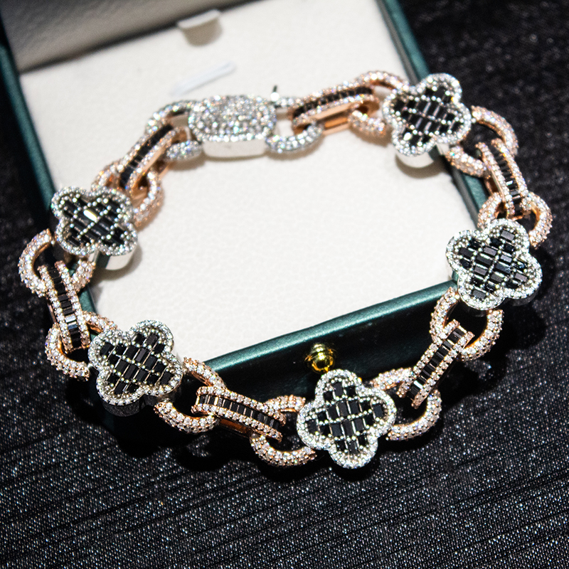 Hip Hop Iced Out Jewelry 925 Sterling Silver Vvs Black Moissanite Rose Gold Plated Clover Leaf Link Bracelet - view 7