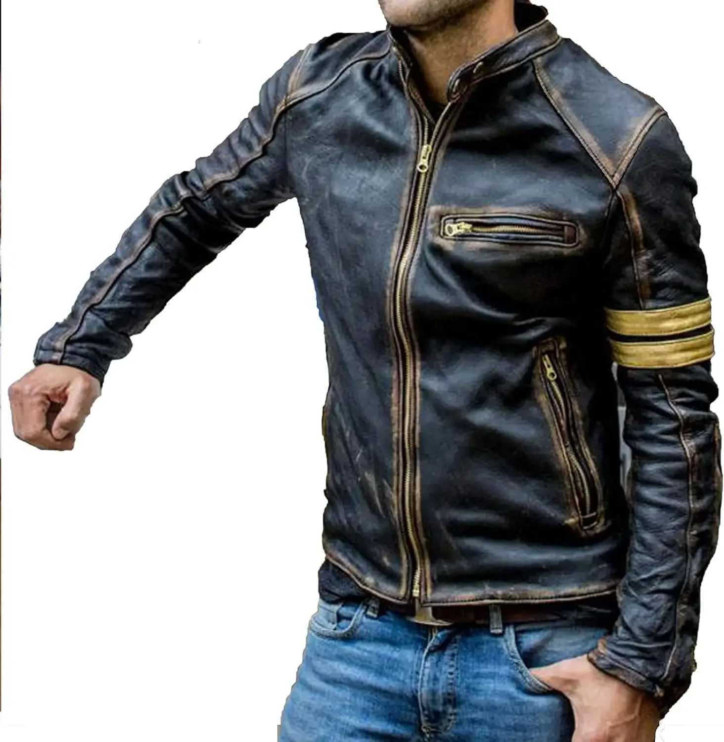 Mens Black Biker Vintage Distressed Cafe Racer Leather Jacket Motorcycle Classic Biker Jacket Motor Autumn Street Coats W251023