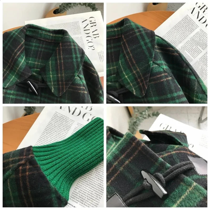 Korean Loose Slim Short Jacket Female Outerwear Lattice Woolen Coat Women Spring Autumn Bat Sleeves Cowhorn Button Wool 251021