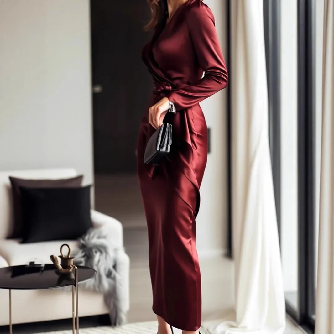Elegant Satin Long Sleeve VNeck Gown with Waist Belt AnkleLength Dress Polished Autumn Style CrossBorder 251022