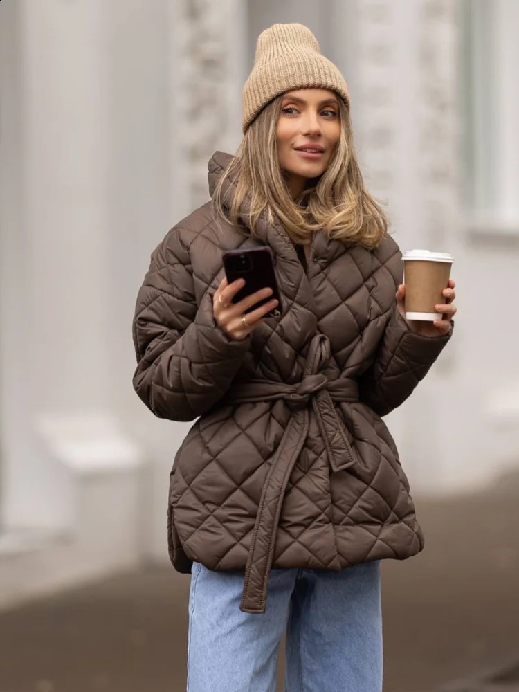 Lace Up Cotton Coat Lady Fashion Casual Stand Collar Vneck Full Sleeve Loose Outerwears Women Winter Daily Commute Street Coats 251021
