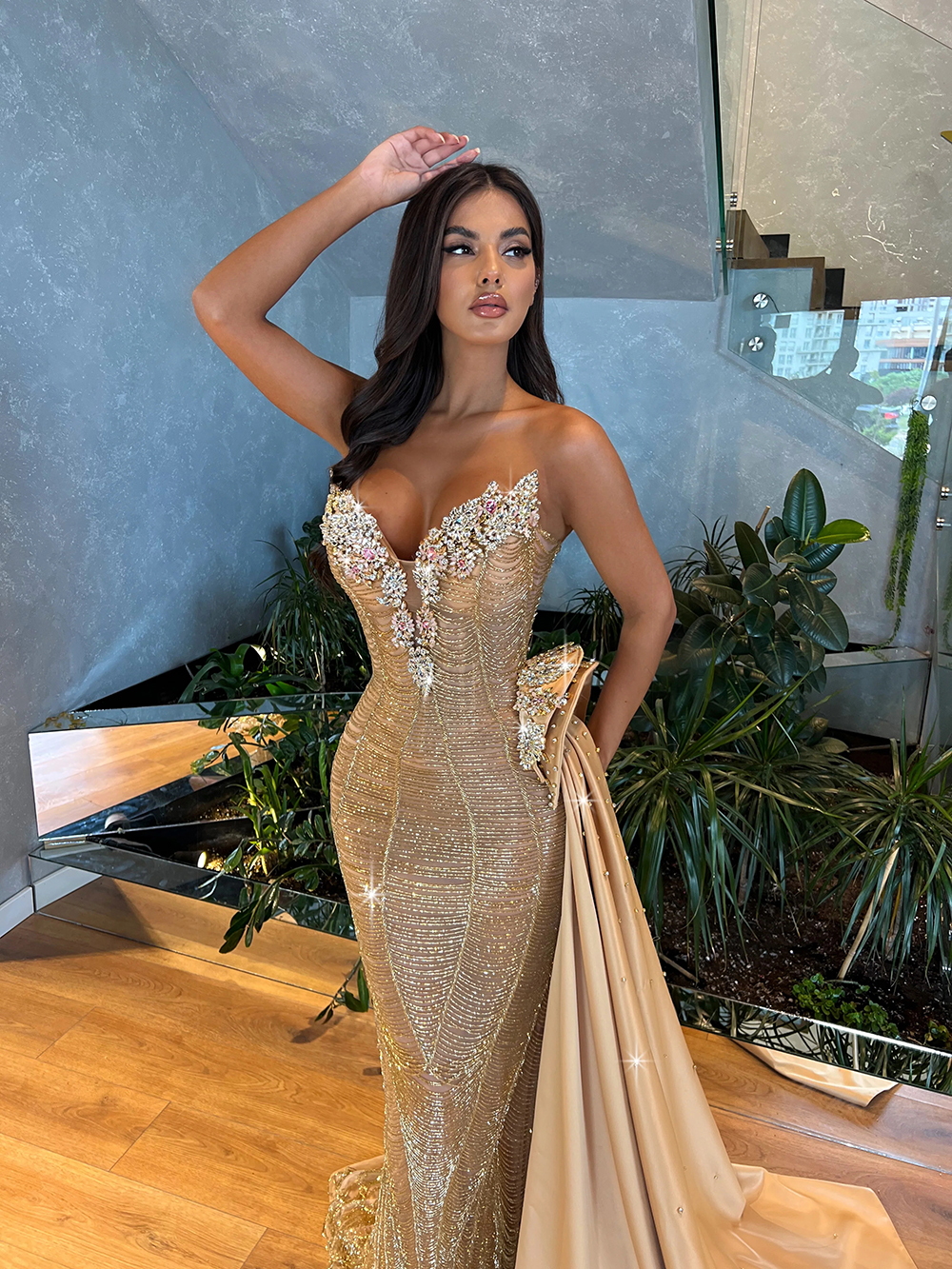 Exquisite Rhinestone Evening Dresses Strapless Prom Gown Detachable Train Crystal Mermaid Party Dress Sleeveless Customized Vestidos De Noche Plus Siz