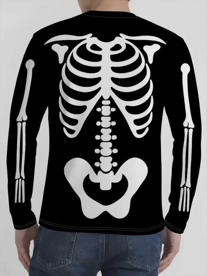 2024 Mens 3D Skeleton Print Tee Ribcage Spine Detail Long Sleeve Round Neck AllSeason HalloweenXJ251023