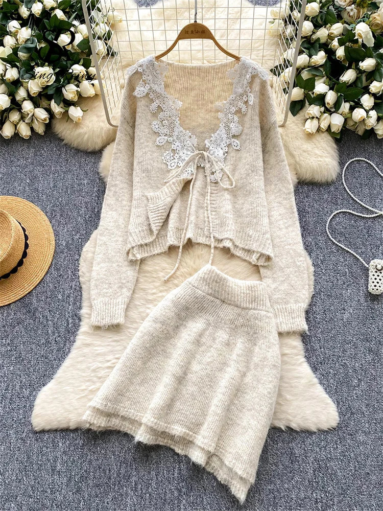 SINGREINY Autumn Cashmere Two Piece Suits Lace Splice V Neck CardiganMini Bodycon Skirt Women Fashion Thick Wool Sweater Sets 251022