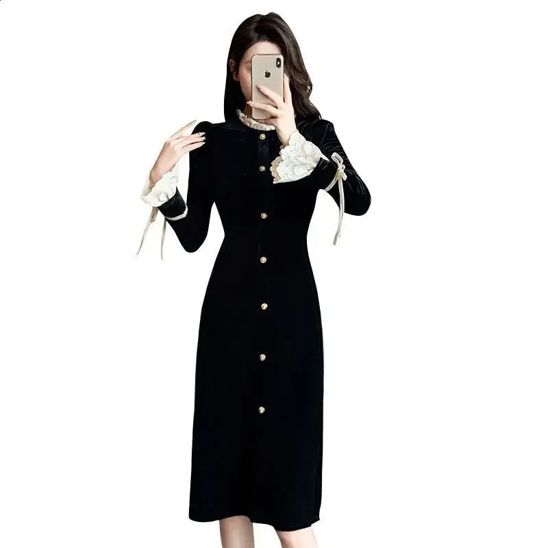 Hebon Velvet Dress Womens Sense Tweed Style Inner Base Long Autumn Small Black 251022