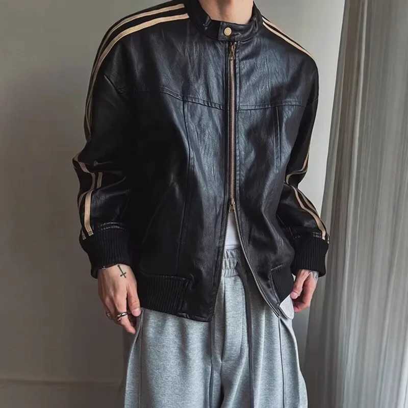 American Retro Striped Patchwork Leather Jacket Loose Stand Collar Mens Autumn Top Korean Style Motorcycle Leather Vest W251023