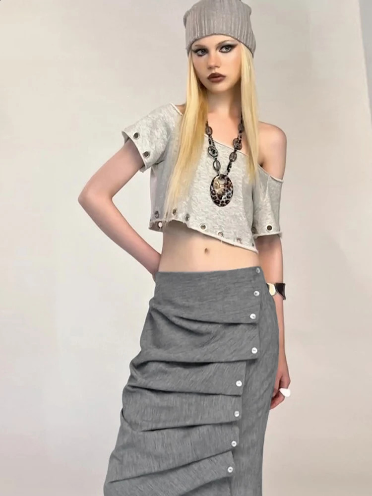 Nibber Button Folds Skirts Women Irregular Hem Skinny Office Style Commute Simple Classic Autumn Trend Street Elegant Outfits 251022