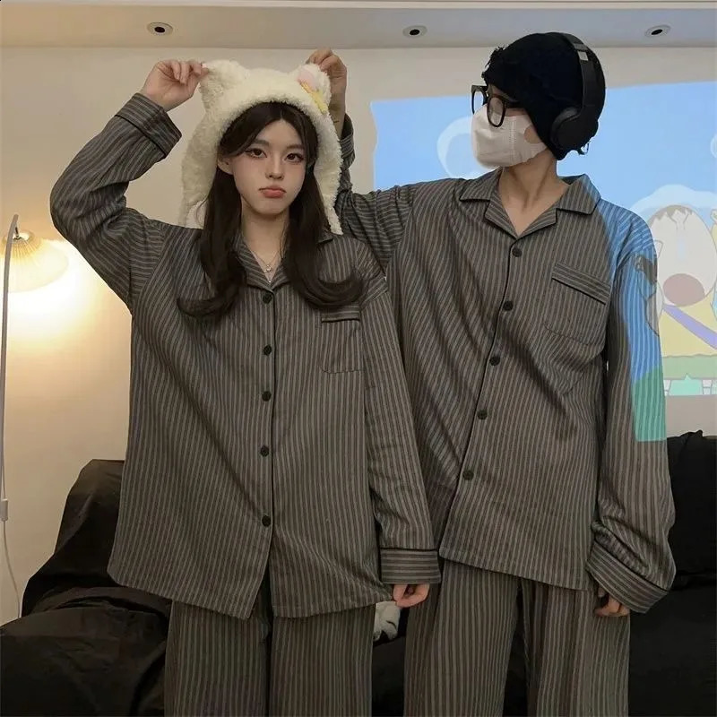Couple Pajamas for Men Striped Sleepwear Korean Sleeping Night Wear Button Pijama 2 Pcs Pants Sets Autumn Pocket Home Suit 251021