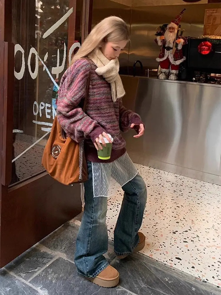 American Retro Striped O Neck Sweater Women Winter Y2k Knitwear Loose Fit Sweater Pullover LongSleeve Oversized Tops Streetwear 251023