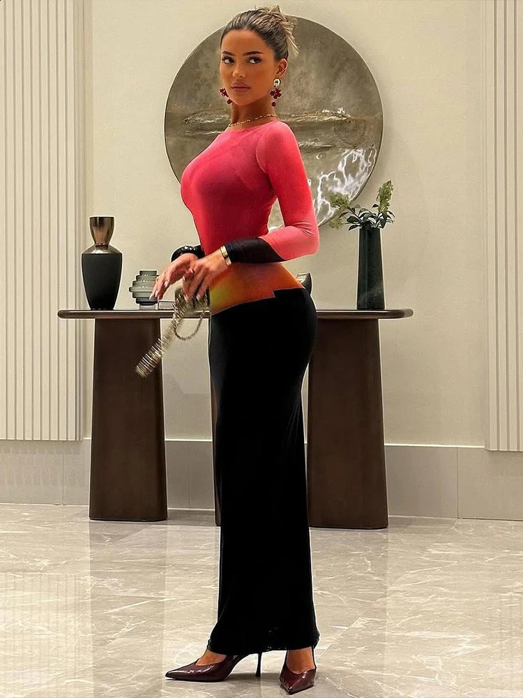 Weird Puss Sexy Patchwork Maxi Dress Women Gradient Color oNeck Full Sleeve Peach Hip Elegant Simple Evening Prom Party Bodycon 251022