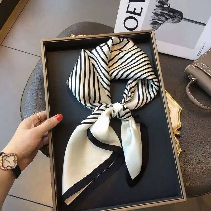 Latest Design lady Silk Satin Scarf Women Handkerchief stripe Printed Female Square Head Bandana Small Neck Muffler Hijab