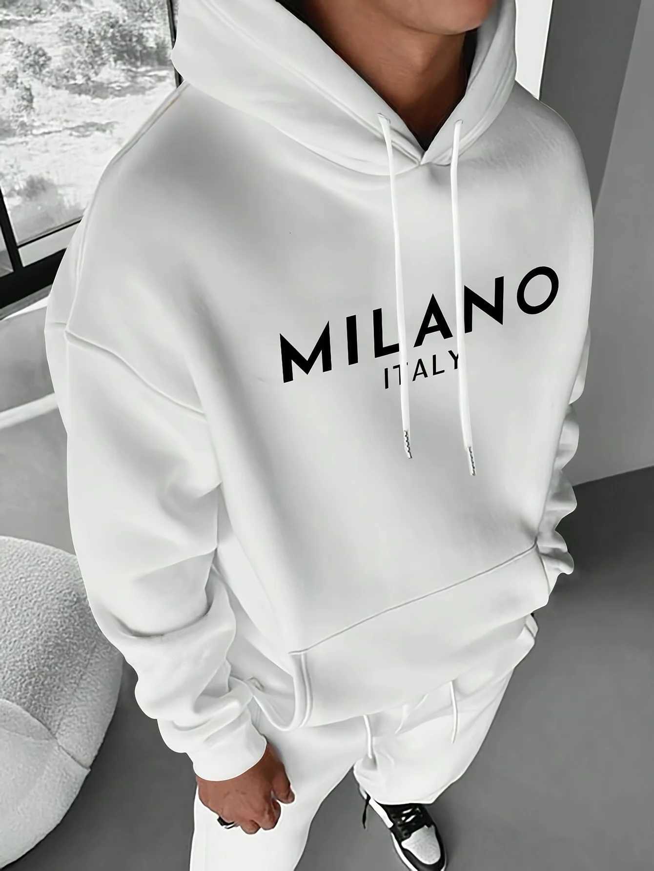 Mens autumn and winter casual fashion loose MILANO ITALY letter print long sleeved hooded sweatshirt warm pulloverT251023