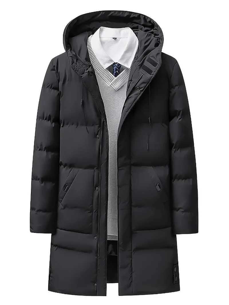 MenS Heavyweight Winter Coat Windproof Cold Weather Jacket with FullLength Zipper Hooded Long Formality Large Front Pockets W251023