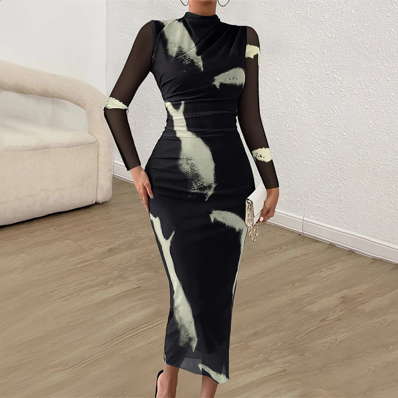 Women Print Tulle Bodycon Slim Dress Fashion Mesh Midi Long Sleeve Vintage Elegant Dresses Cowl Neck Black 251022