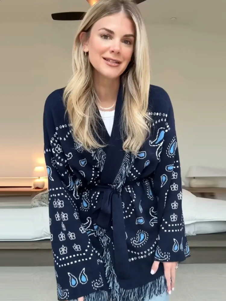 Womens Boho Print Knit Cardigan Top Fringe Trim Belted Long Sleeve Sweater Laceup Coat High Street Outerwear Outfit 251020 - view 3