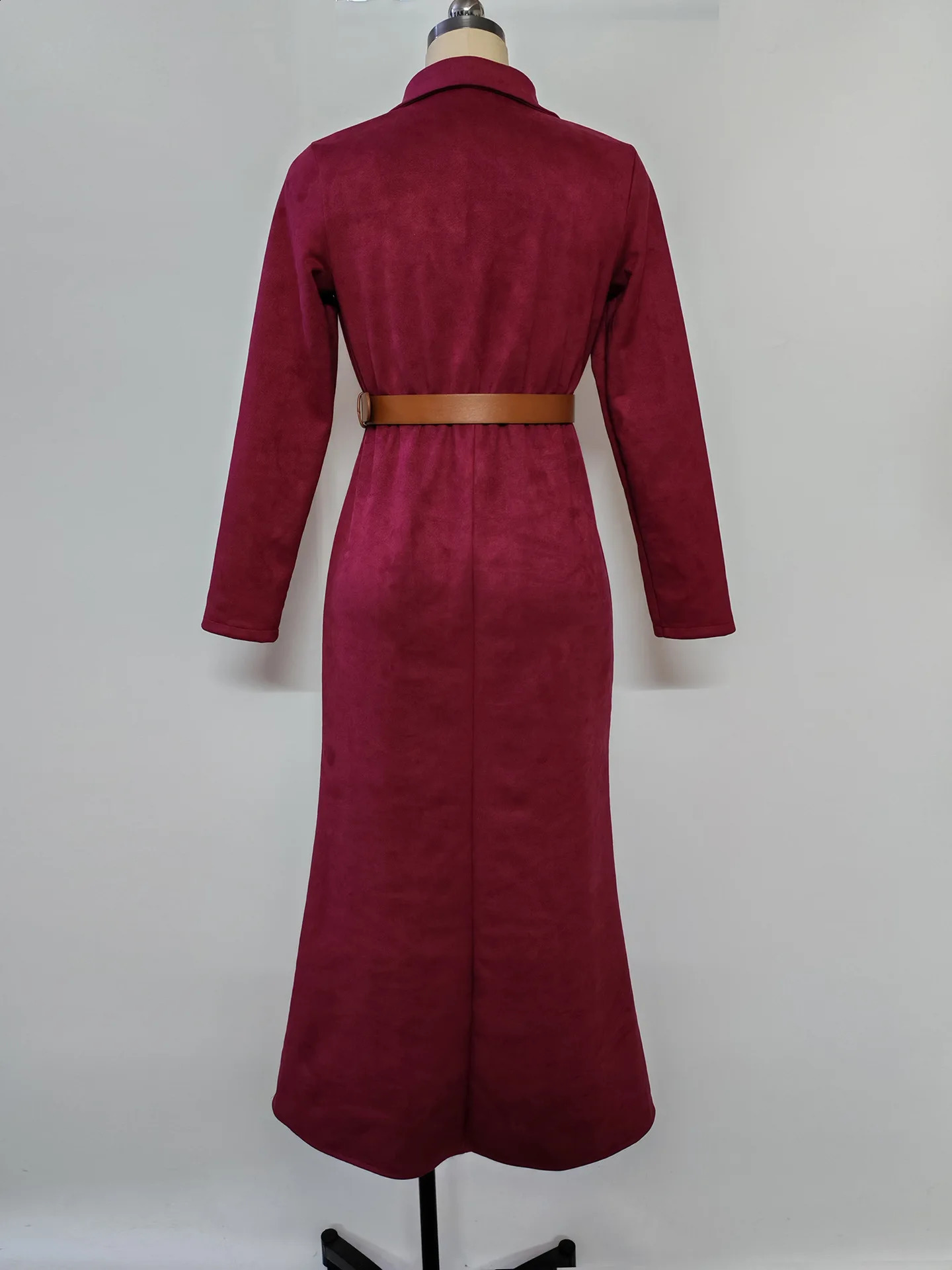 Winter Womens Minimalist Solid Belted Lapel Shirts Dress Long Sleeve High Waisted Suede Female Casual Party Maxi Dresses 251022
