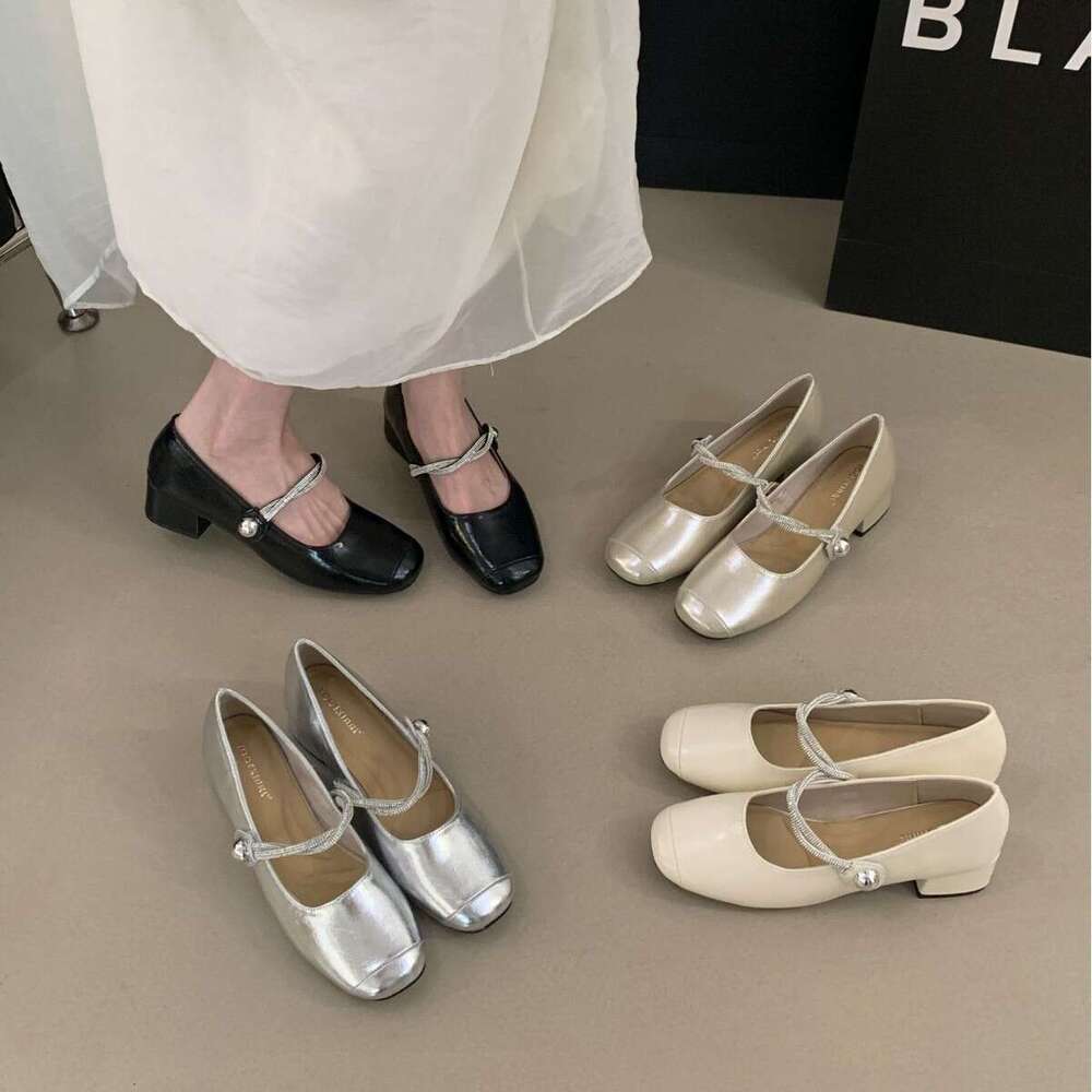 Mary Jane Chunky Heel Women's Square Toe Rhinestone Strap Single Shoes Designer Shoe 2025 Summer New Style