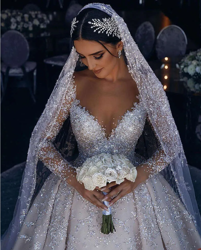 Exquisite V-Neck Wedding Sequins Beaded Lace Long Sleeve Princess Bride Dress Custom Made Ball Gowns Vestidos De Novia 0226Lz