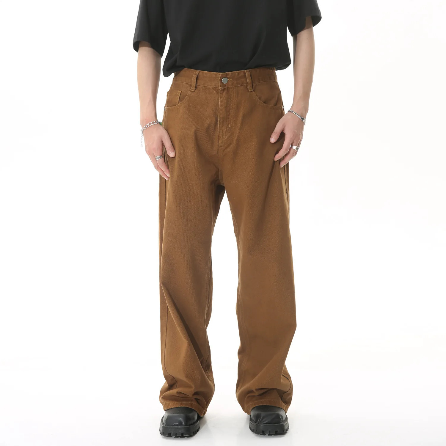 Men Streetwear Korean Loose Straight Denim Pants Mens Trousers Baggy Beige Jeans Fashion Casual Oversized Wide Leg 251018