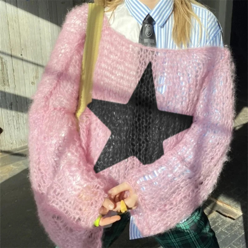 Oversized Hollow Out Knit Sweaters Women Grunge Harajuku Streetwear Loose Long Sleeve Round Neck Pullover Tops Casual Jumpers 251023