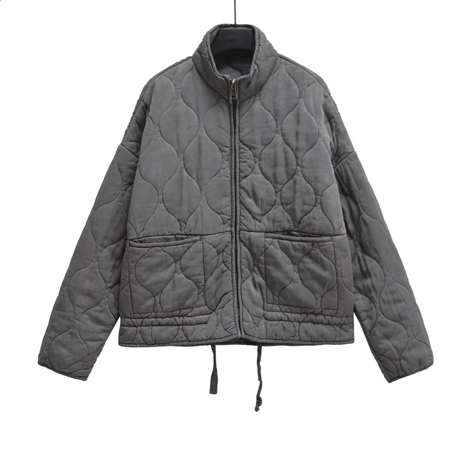 PBZA Winter Womens Clothing Style Commuting Leisure Warm Stand Collar Loose Pocket Diamond Grid Cotton Coat 251022