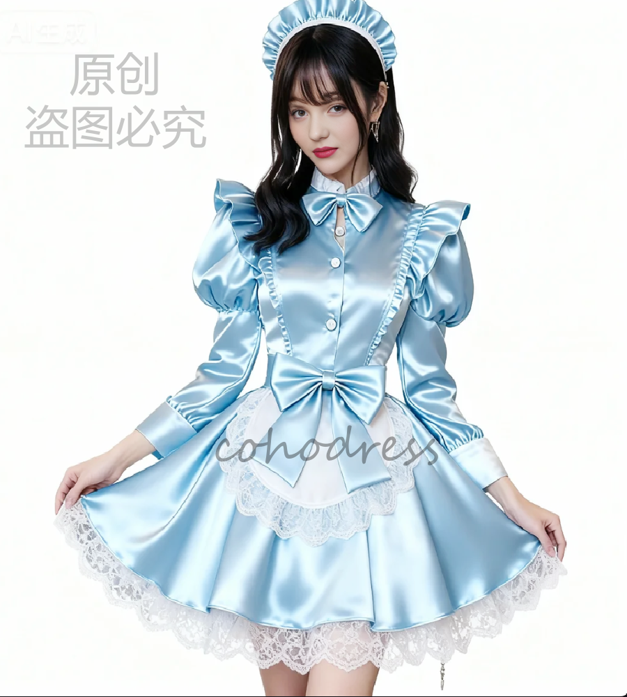 Chic Blue Maid Dress With Bow Elegant Long Sleeve Mini Evening Dress 2026 Lace Hem Short Prom Dress Sexy Kawaii Costume Cosplay Party Dress Korean Ves