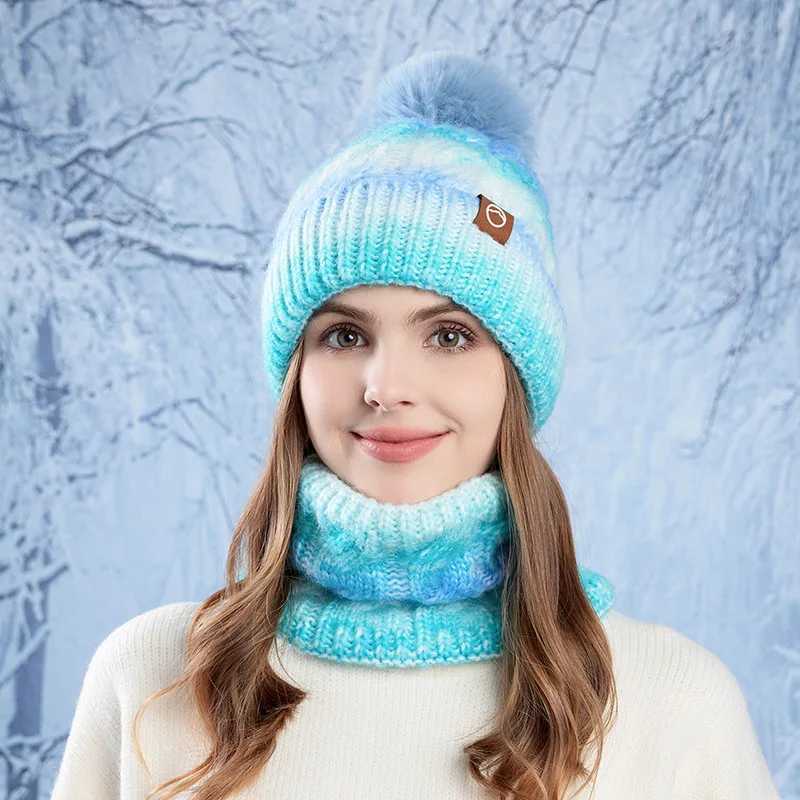 Winter Lady Warm Hat Scarf Twopiece Set Fece Thicke Gradual Change Color Knitted Skiing Hat Fashion Plover Hat for WenW251023