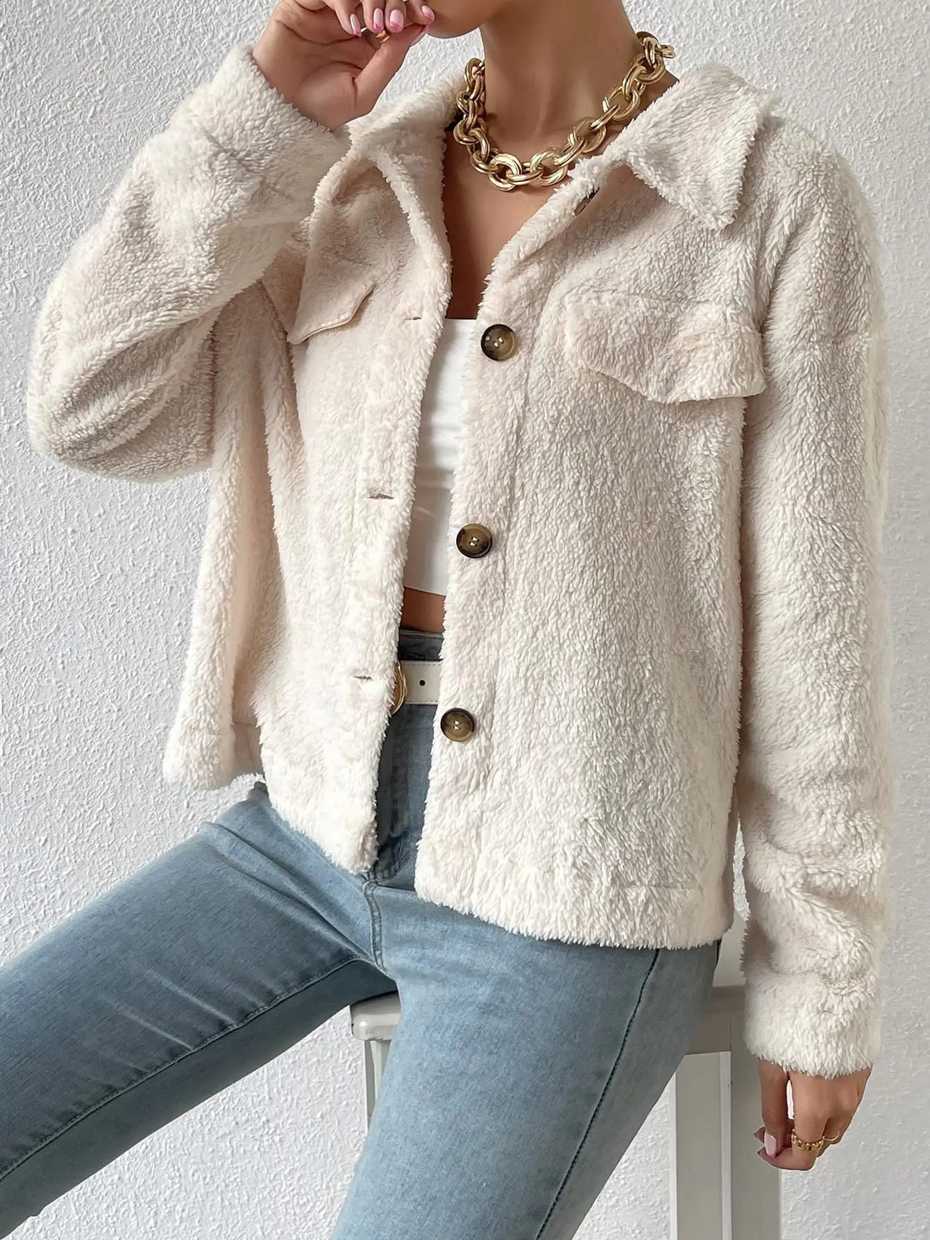 Womens FallWinter Flap Detail Low Shoulder Teddy Jacket 251018