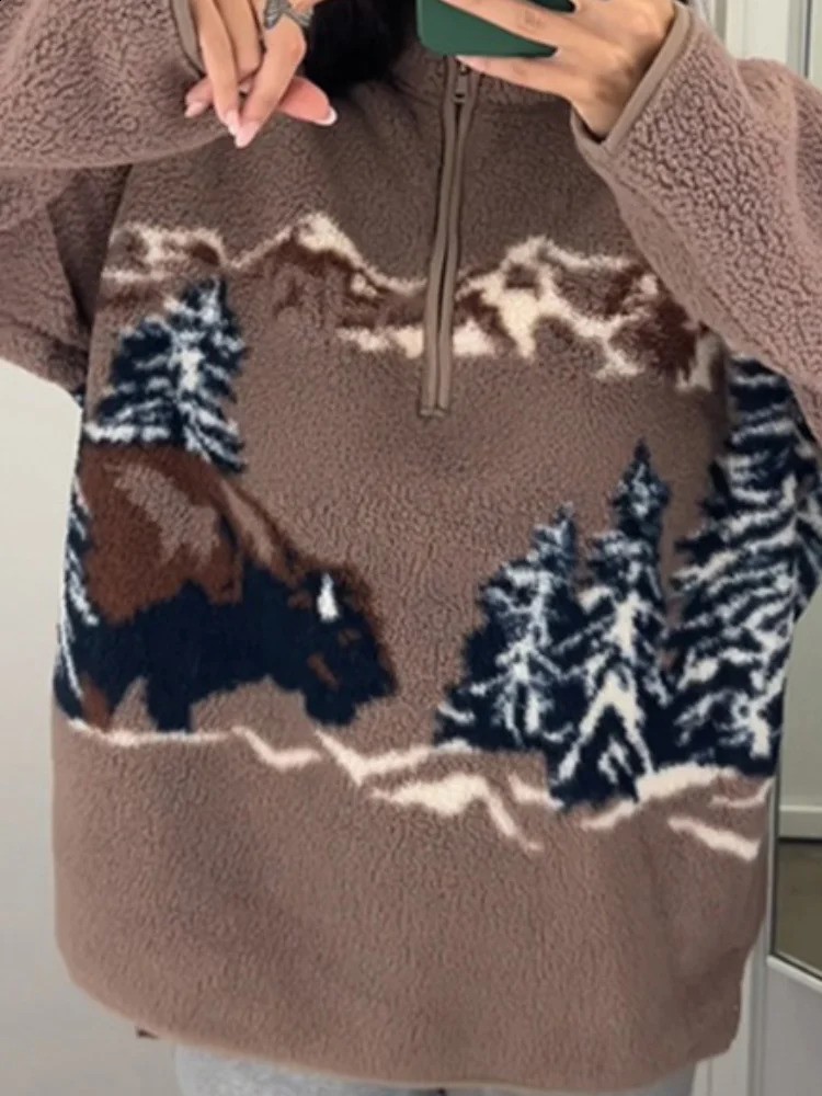 2026 Spring Autumn Hiking Printed Lamb Fleece Sweatshirt For Women High Neck Long Sleeve Zipper Pullovers Lady Outdoor Outerwear 251022