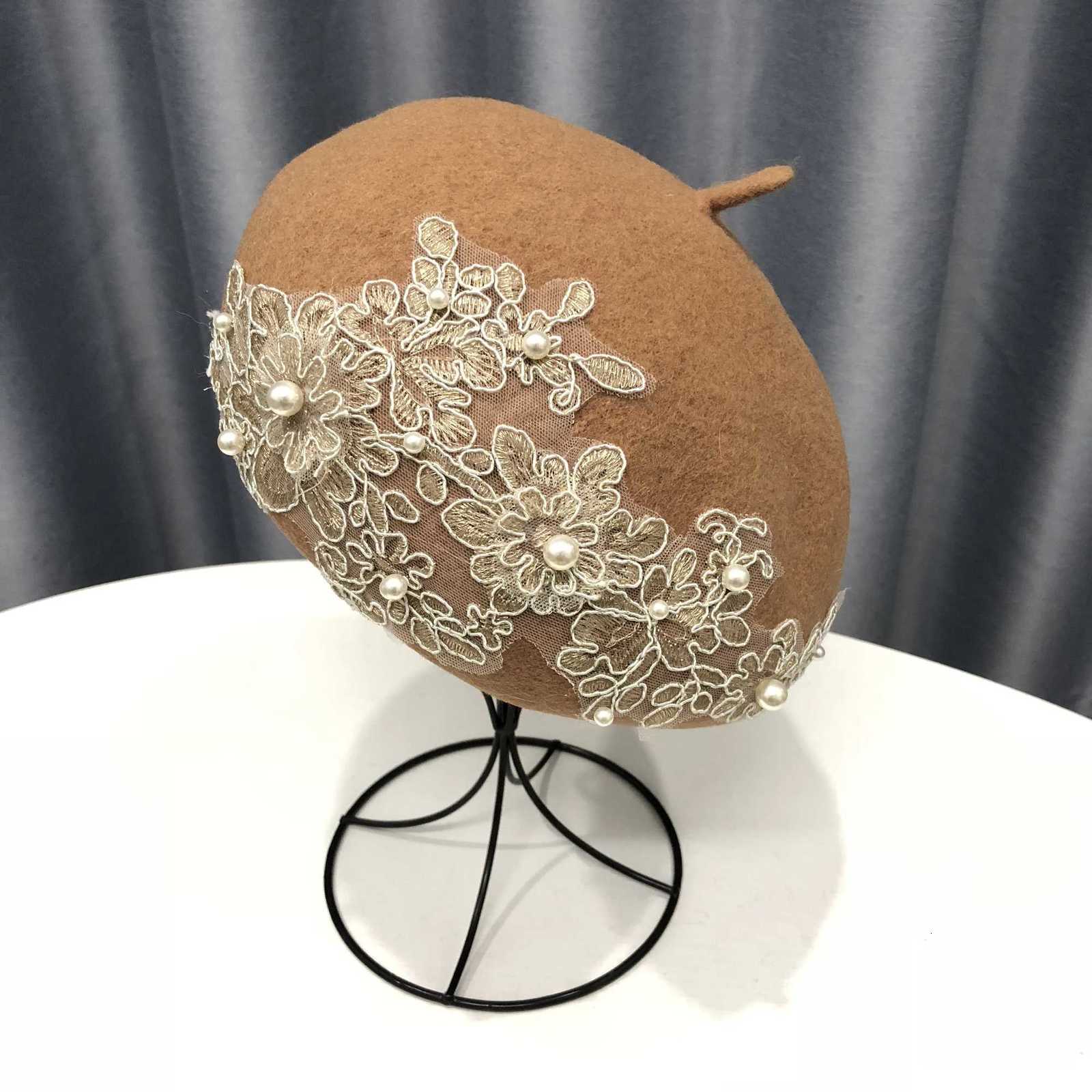 VISROVER winter wool beret with lace and pearls fa wool winter autumn spring hat solid color top quality Wen BoinaW251023
