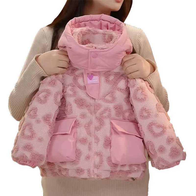 2025 Girls Winter New Pink Leopard Velvet Western Style Cotton Jacket with Hooded Large Pocket Cotton Coat Y251023