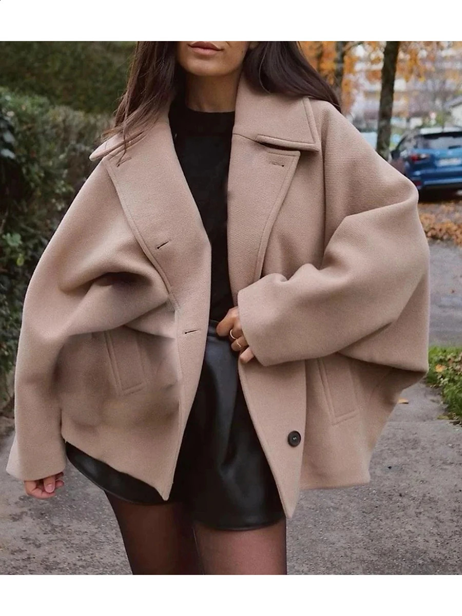 Women s Winter Oversized Wool Jacket with Batwing Sleeves and Lapel Collar Button Clre Solid Color Loose Fit Coat for Cold 251016