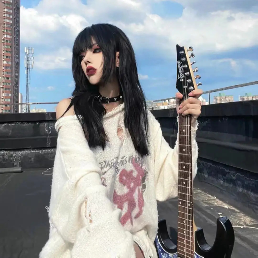 KOSAHIKI Punk Thin Ripped Hole Sweater Women Hollow Out Y2k Knitted Pullover Spring Casual Loose Tops Harajuku Print Jumper 251023