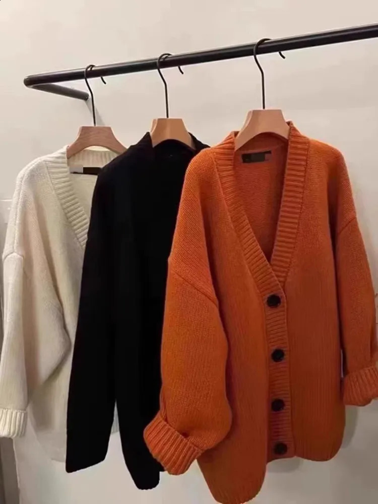 Autumn Winter High Quality Premium Knit Cardigan Womens 100Wool Cashmere Medium length Sweater Vneck Loose Coat Jacket Female 251013