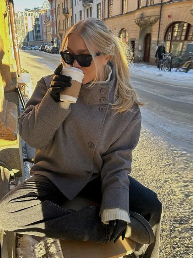 Woolen Dark Blue Jacket Women Autumn Single Breasted Stand Collar Loose Female Coat Office Lady Street Short Outwear Tops 251020