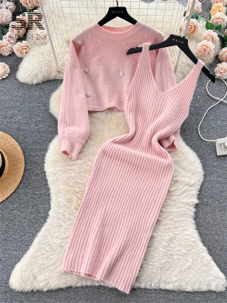 SINGREINY Beading Casual Two Piece Set Women Long Sleeve O Neck Pullover Midi Dress Fashion Winter Sweater Suit Dresses 251022