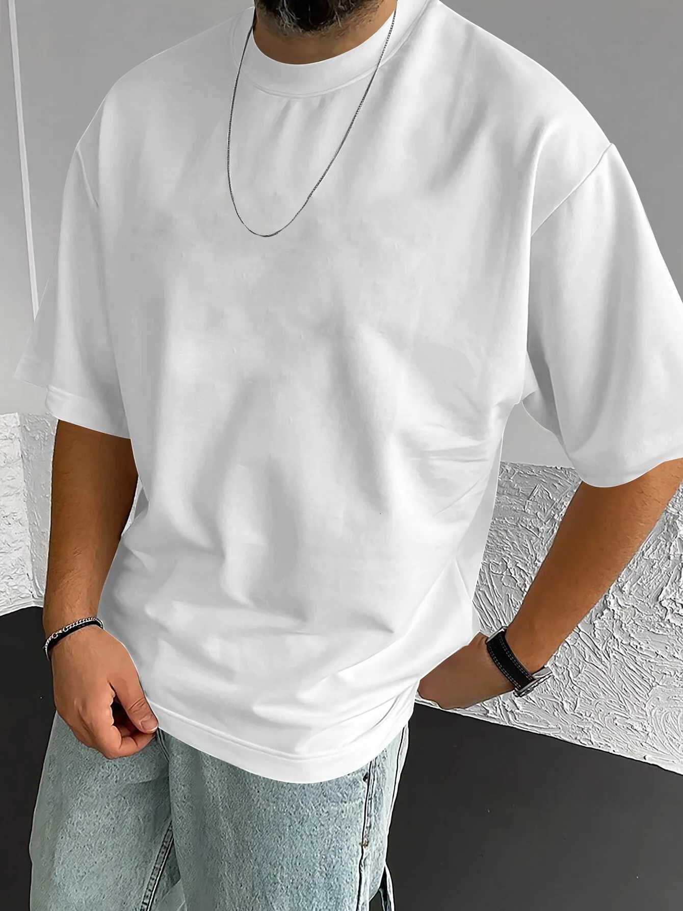 Mens lightweight heavy breathable shortsleeved Tshirt pure white round neck casual wear comfortable base shirtsXJ251023