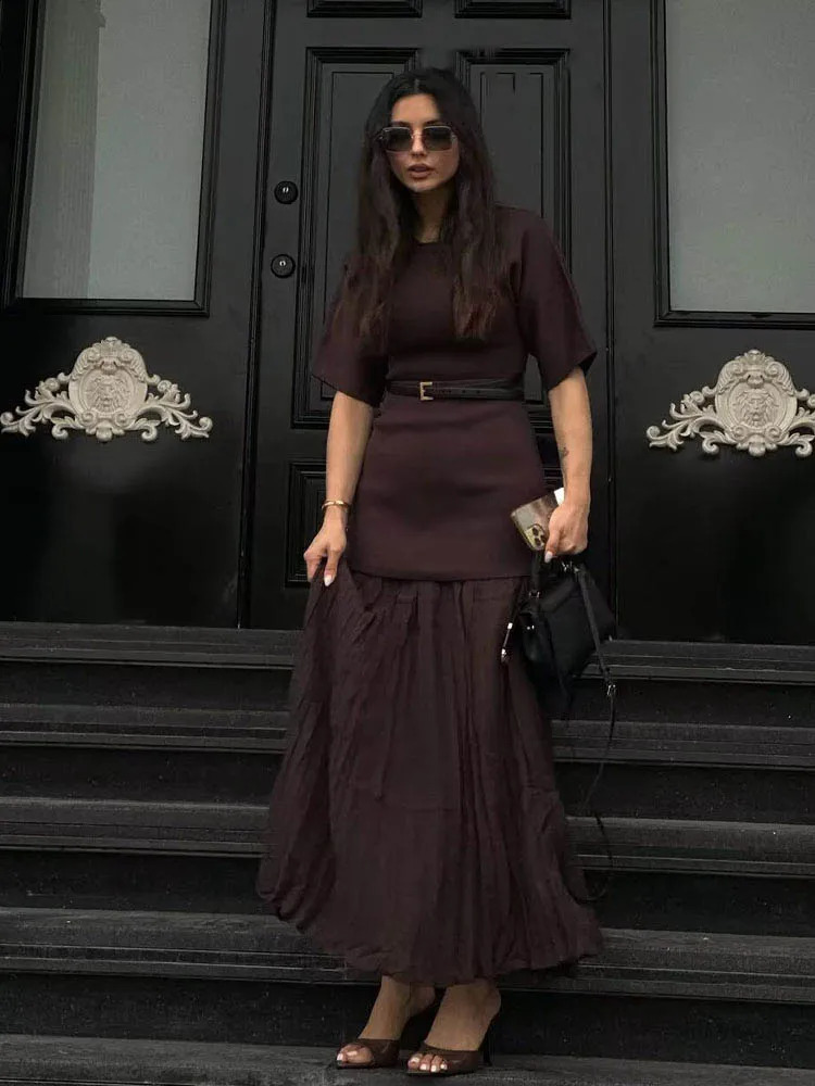 HH Women Elegant Half Sleeves OCollar Pleated Dress Spring Woman Rear Zipper Splicing Vintage Casual Knitted Long Dress 251020