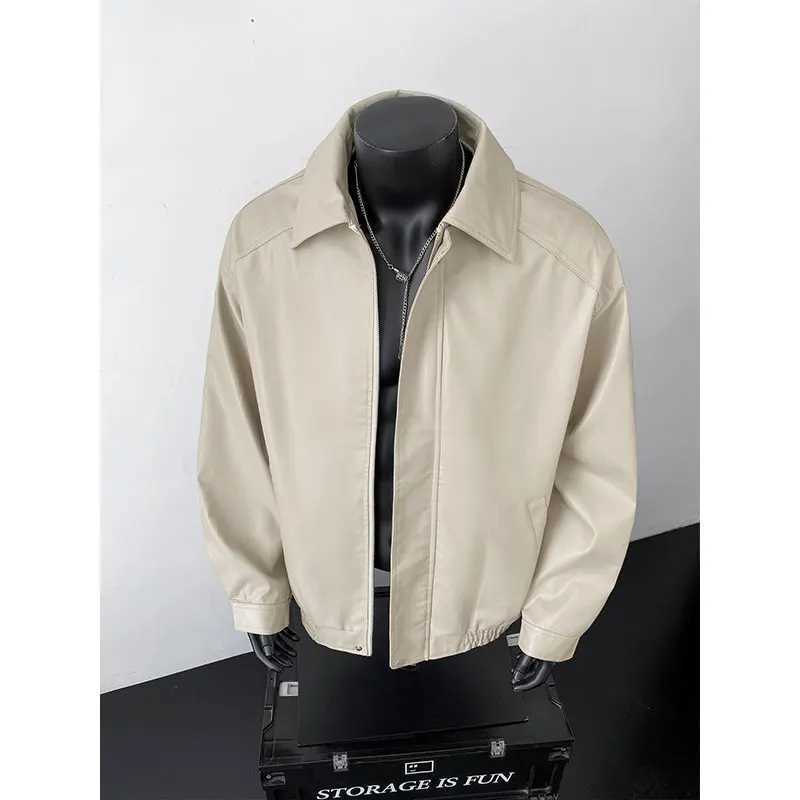 Trend Mens Faux Leather Jacket Fashionable Solid Color PU Leather American Retro Motorcycle Jacket Mature Casual Style Coat W251023