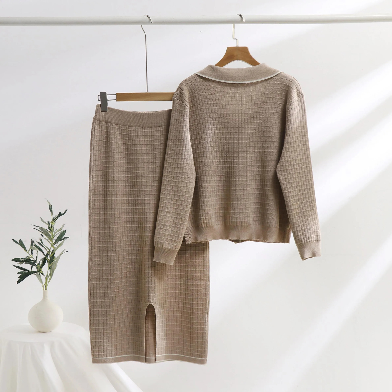 Knitted Elegant Womens Sets For Fall Winter Tweed Suit Women Polo Neck Cardigan Slim Fit Skirt with Contrast Piping 251022