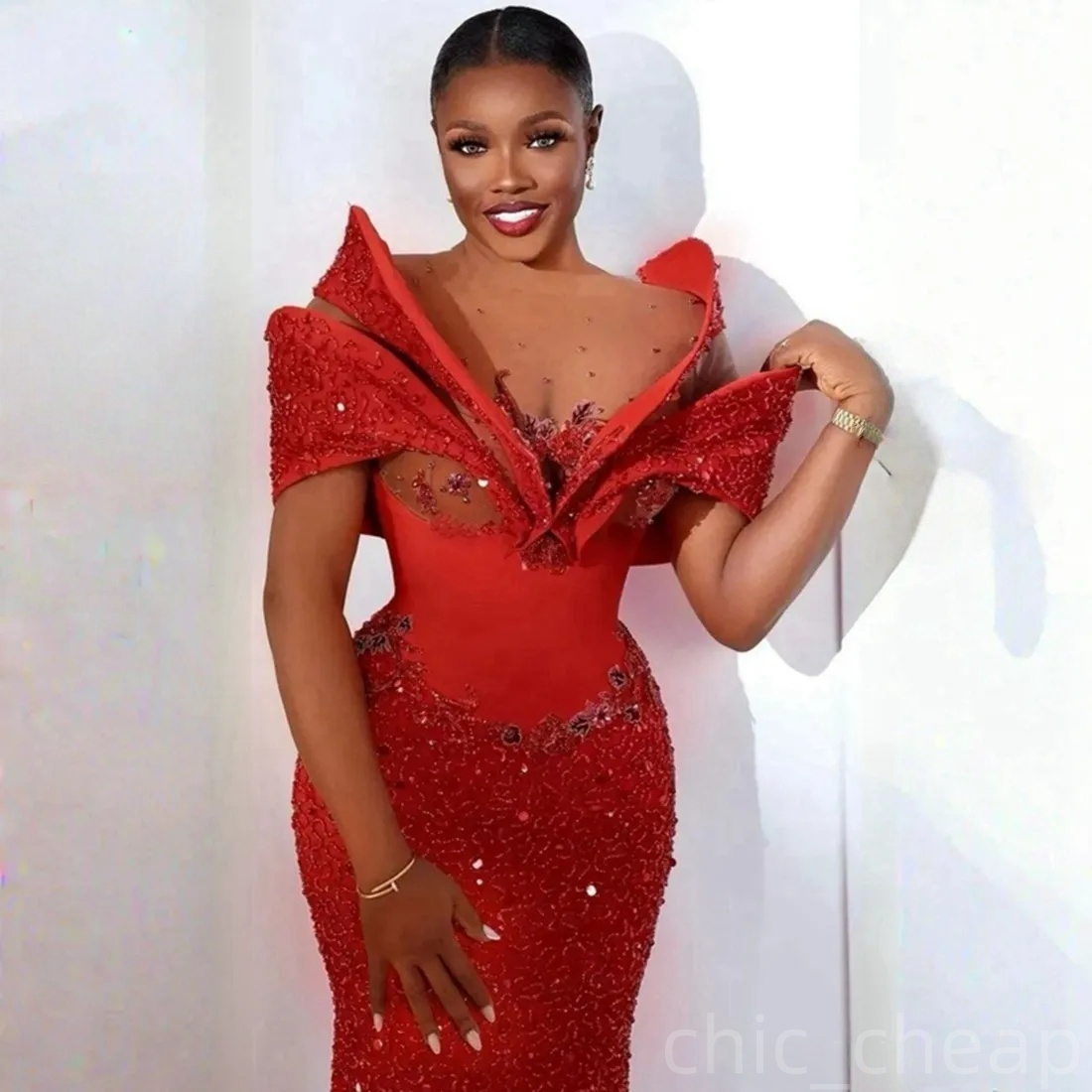 2025 Red Plus Size Aso Ebi Prom Dress Sheer Neck Lace Crystals Evening Gowns Illusion Mermaid Formal Dress Birthday Party Dress Second Reception Dress