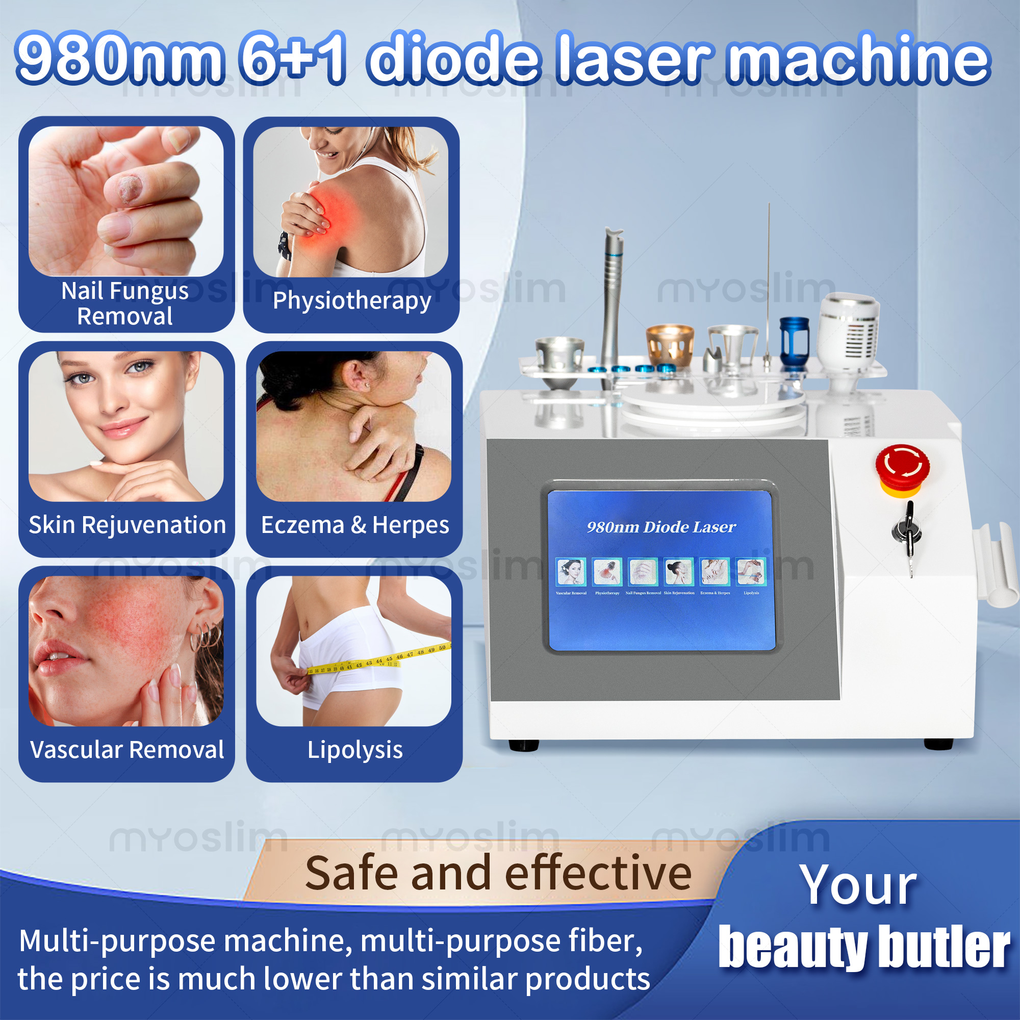 HOT 980nm Diode Laser Machine 6 in 1 Used For Vessel Removal Couperose Spider Veins Fungal Nails Local Fat Dissolution Physiotherapy