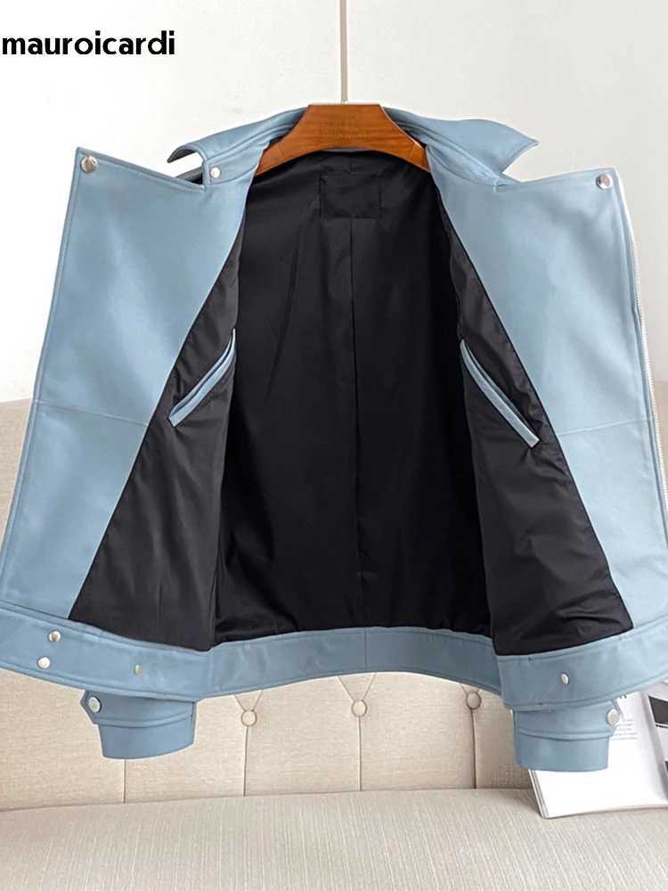 Mauroicardi Spring Autumn Short Blue Black Pu Leather Motorcycle Biker Jacket Men Long Sleeve Zipper Plus Size Outerwear 4xl 5xl W251023