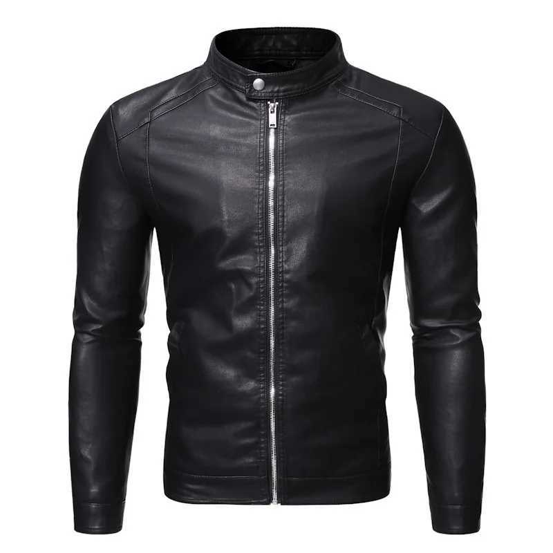 Mens standing collar leather jacket autumn oversized slim motorcycle cycling suit winter thickened PU leather work clothes W251023