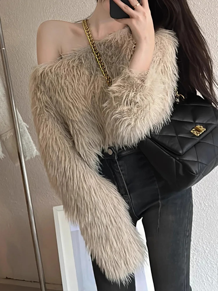 Fashion Fluffy Knitted Pullover Y2k Short Sweaters Women Sexy Off Shoulder Long Sleeve Tops Autumn Winter Womens Clothes 251023