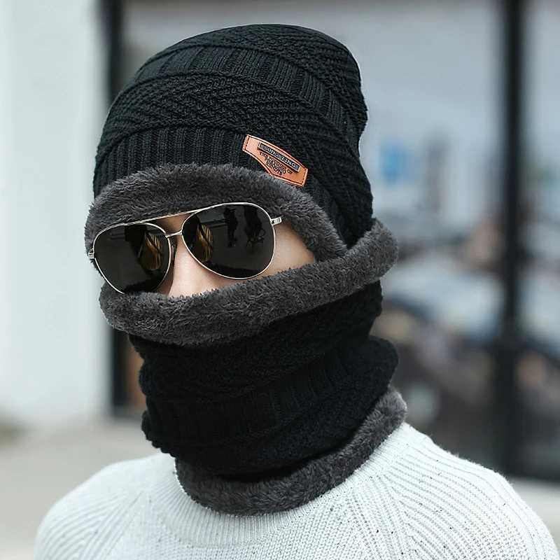 Winter hat mens warm and cold resistant with thick woon hat cotton hat cycling knitted hat neck protection scarf twopiece seW251023