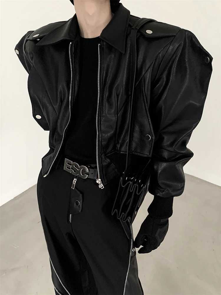 Mauroicardi Spring Autumn Cool Handsome Short Oversized Black Pu Leather Jacket Men with Shoulder Pads Long Sleeve Zipper 2023 W251023